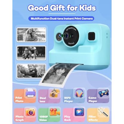 Dylanto Kids Camera Instant Print,1080P Kids Instant Cameras that Print Photos,Christmas Birthday Gifts for Girls Age 3-12,Portable Toy for 3 4 5 6 7 8 9 10 Year Old Girls Boys-Blue - New