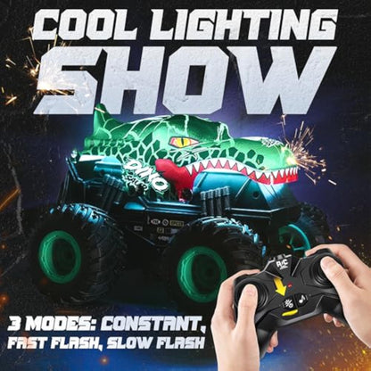 BEZGAR Monster Truck Toys - Remote Control Monster Truck with Light & Music, Dinosaur Toys for Kids, 1:20 Scale RC Truck with 360° Spins and Drifting, Remote Control Car for Boys 4-7 - New