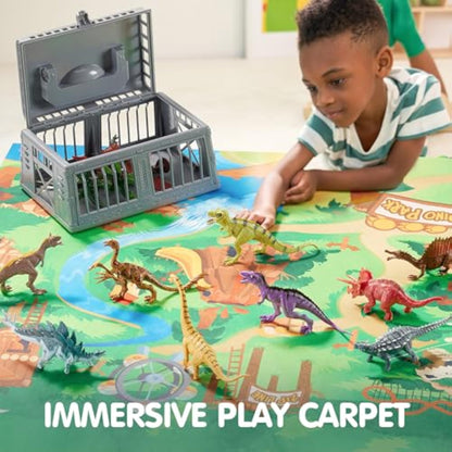 JOYIN Dinosaur Toys with Activity Play Mat & Storage Cage, 17 PCS Realistic Dinosaur Figures & Trees for Toddlers Kids Ages 3-5, Ideal for Boys and Girls Gift - New