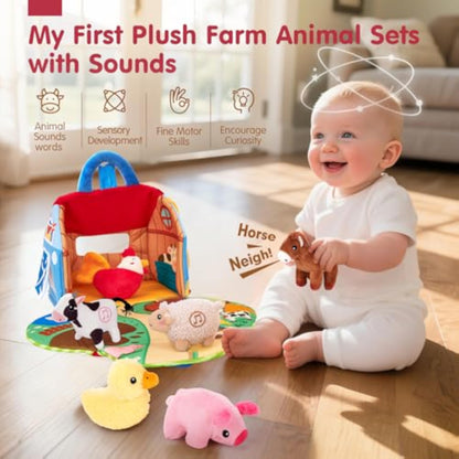 hahaland Baby Toys 6-12 Months - Surprise Barn with Stuffed Farm Animals with Real Sounds - Montessori Toys for 6 Month Old Baby Gifts Toddlers Sensory Toy 1 Year Old Boy Girl Gifts Infant Toys - New