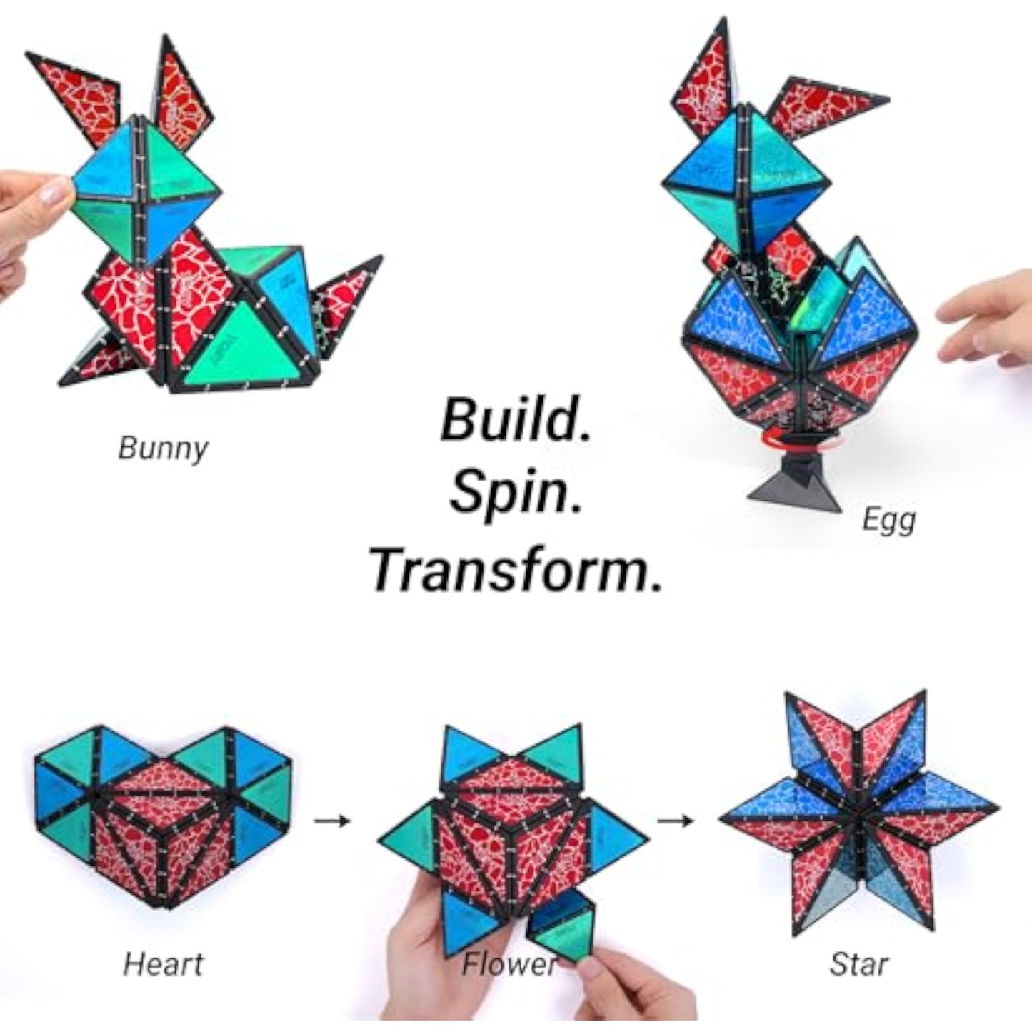 TOSY Magnet Pyramid Stone - 1 Cube Transforms into 1 Billion Shapes (Bunny, Egg Basket, Flowers, Heart), Easter Birthday Gift, 12 pcs, 243 Magnets, Holographic Design, Puzzle/STEM Toy - New