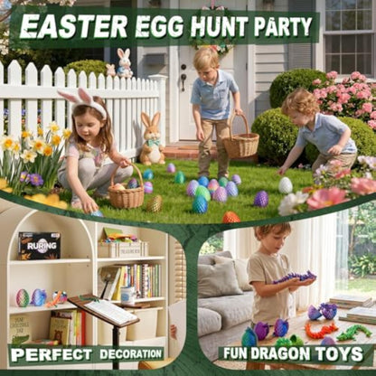 12PCS 3D Printed Dragon Eggs, Easter Basket Stuffers for Kids, Prefilled Easter Eggs with Dragon Fidget Toys, 3D Printed Animals Fidget Dinosaur Toys, Classroom Prizes Supplies for Boys Girls - New