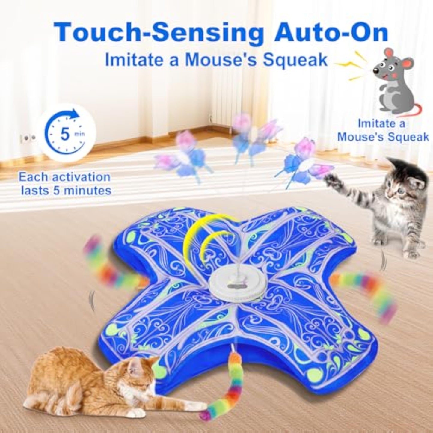 Interactive Cat Toys for Indoor Cats,[Newly Upgraded] Rechargeable Touch Activated Hide and Seek Kitten Toys for Bored Indoor Adult Cats with Fluttering (Blue) - New
