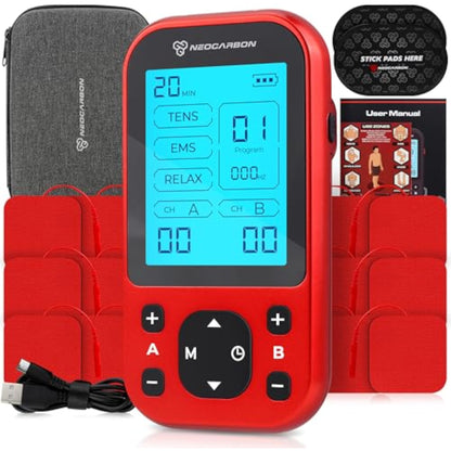 NEOCARBON TENS Unit Muscle Stimulator Pro for Back Pain Relief, Shoulder Recovery and Physical Therapy, Electronic Massager Machine with PMS Pulse for Effective Shock Therapy, Red - New