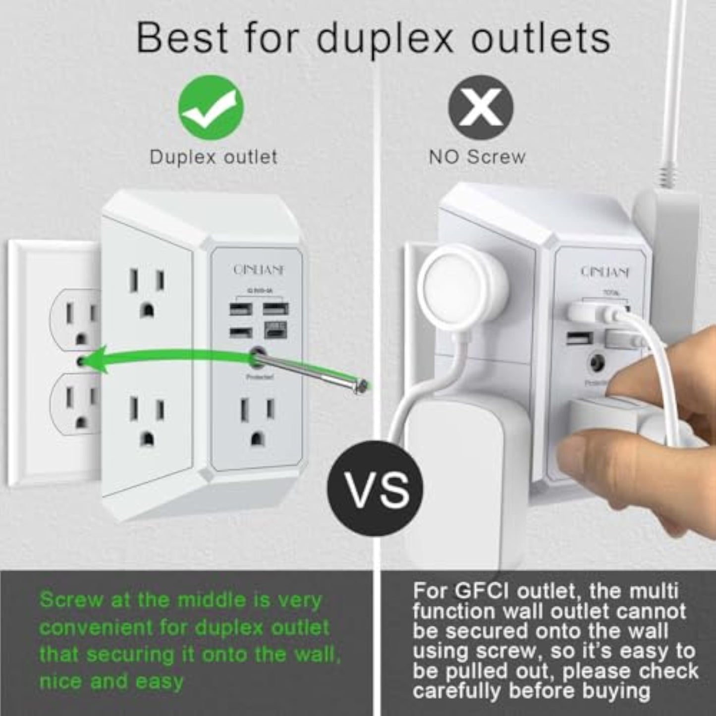 Wall Charger, Surge Protector, QINLIANF 5 Outlet Extender with 4 USB Charging Ports, 3-Sided 1680J Power Strip Multi Plug Adapter Spaced for Home Travel Office - New