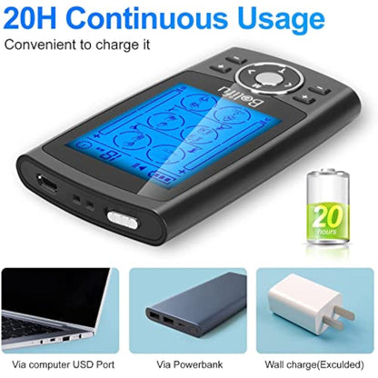 Belifu Dual Channel TENS EMS Unit 24 Modes Muscle Stimulator for Pain Relief Therapy, Electronic Pulse Massager Muscle Massager with 10 Pads, Dust-Proof Drawstring Storage Bag, Fastening Cable Ties - New