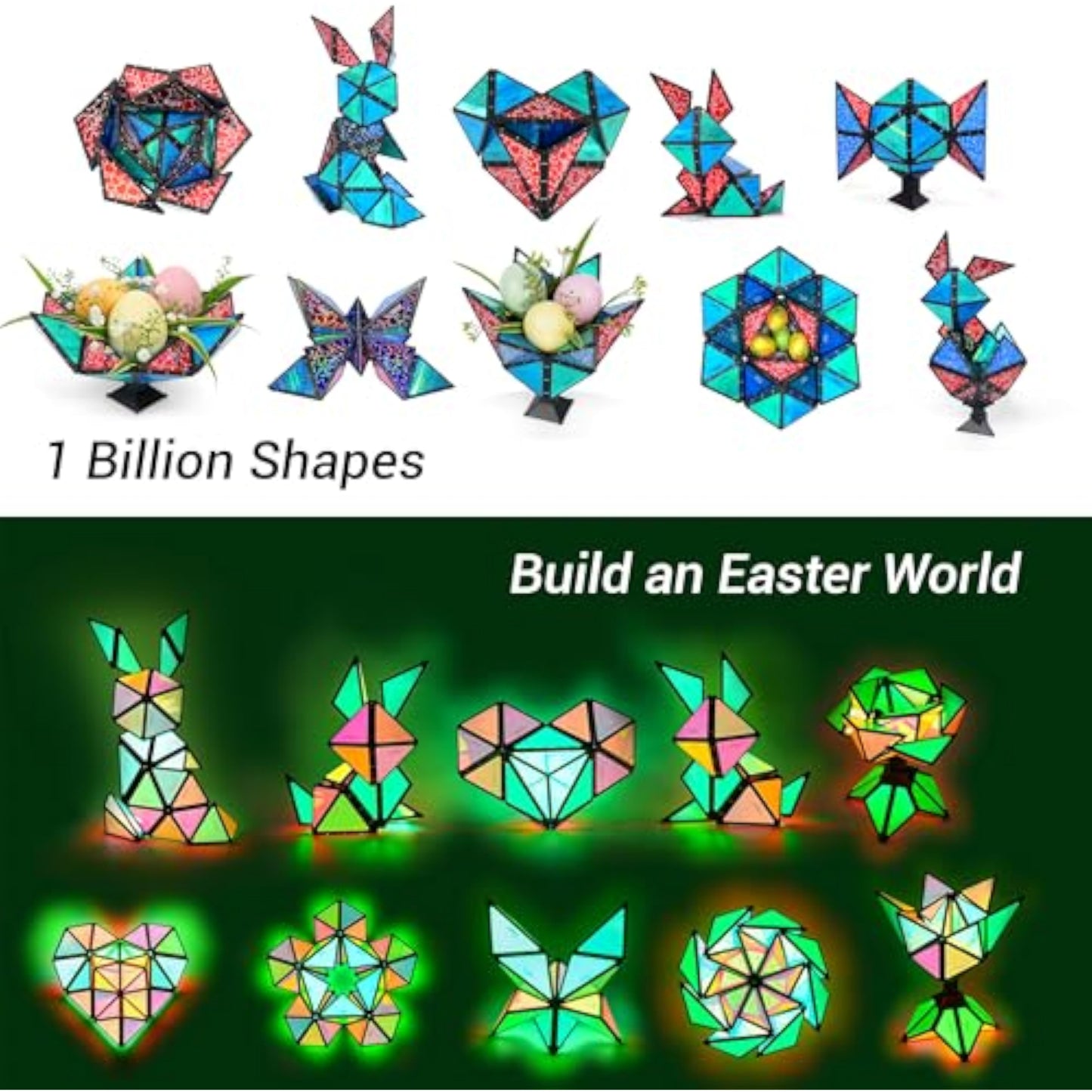 TOSY Magnet Pyramid Stone - 1 Cube Transforms into 1 Billion Shapes (Bunny, Egg Basket, Flowers, Heart), Easter Birthday Gift, 12 pcs, 243 Magnets, Holographic Design, Puzzle/STEM Toy - New