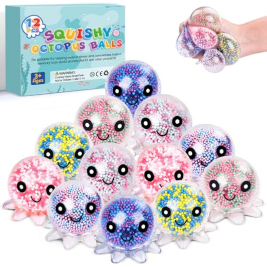VESPRO 12 Pack Fidget Stress Balls for Adults, Cute Octopus Stress Relief Sensory Stress Ball, Bulk Squishy Squeeze Ball Toys Set for Classroom Prizes and Birthday Party Favors - New