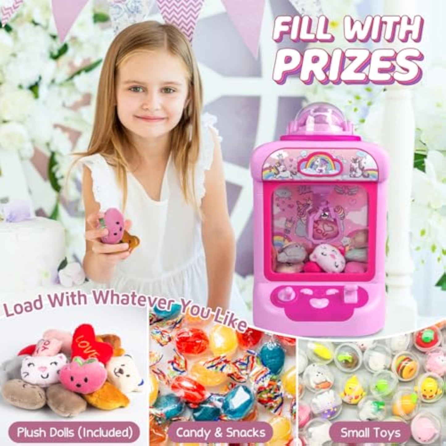 Marlrin Claw Machine for Kids, Mini Vending Machine Girls Unicorn Toys, Candy Grabber Prize Dispenser with Sound & 20 Mini Plush Toys, Electronic Arcade Game Indoor Toy for Home Party Birthday Gifts - New