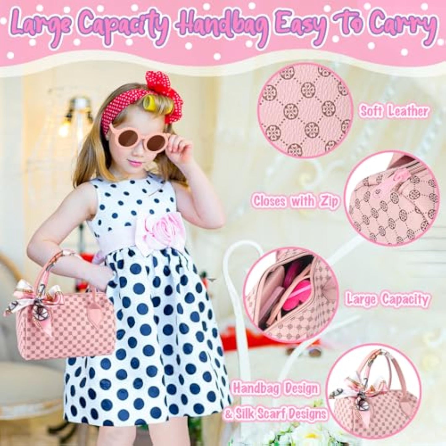 Oisacirg Play Purse for Little Girls, 32PCS Toddler Purse with Pretend Makeup for Kids, Princess Toys Includes Handbag, Phone, Wristwatch, Silk Scarf Kids Toy Purse Birthday Gift for Girls 3 4 5 6 + - New
