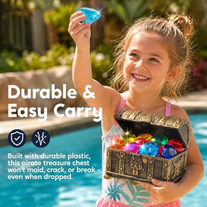 Sloosh Diving Gems Pool Toys, 16 Big Colorful Diamond with Pirate Treasure Chest,Swim Dive Toy for Kids Underwater Gemstone Swimming Training Gift Water Pool Games(Gold) - New