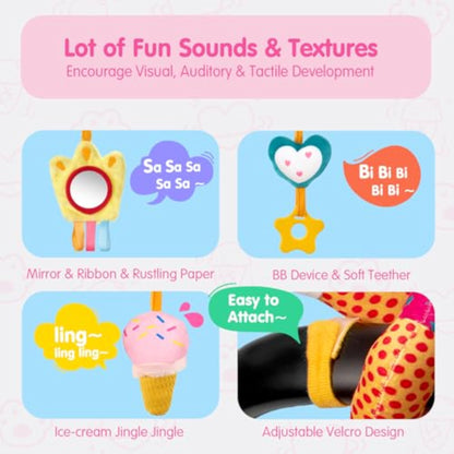 hahaland Car Seat Toys for Babies 0-6 Months Girl - Baby Toys 3-6 Months - Rattle, Mirror, Crinkle, Squeaky Carseat Stroller Toy 0-6 Months Developmental Newborn Baby Girl Birthday Gifts - New