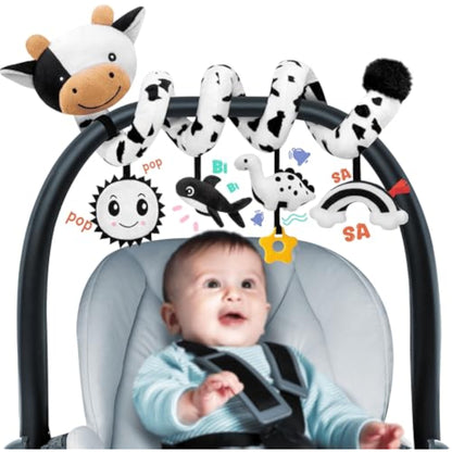Spiral Car Seat Baby Toys 0-6 Months, Infant Carseat High Contrast Sensory Toys Hanging Stroller Accessories, Newborn Shower Gifts for Baby Boys Essentials Stuff, Cute Black and White Cow - New