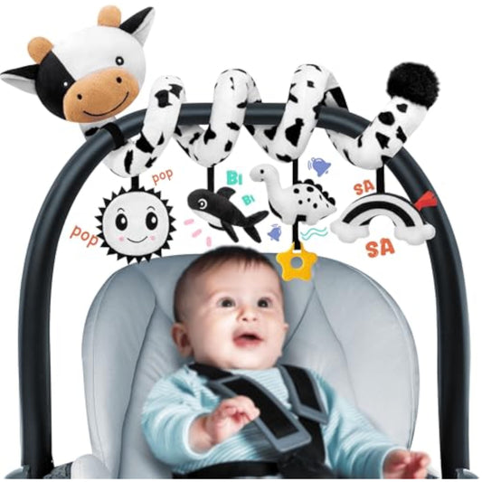 Spiral Car Seat Baby Toys 0-6 Months, Infant Carseat High Contrast Sensory Toys Hanging Stroller Accessories, Newborn Shower Gifts for Baby Boys Essentials Stuff, Cute Black and White Cow - New