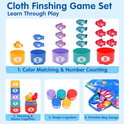 Arovan Montessori Toys for 1 Year Old - Cloth Fishing Game with Stacking Cups Toddler Toys for One Year Old Boy Girl First Birthday Gift - Sorting Learning Baby Toy 12-18 Months 1 2 Year Old - New