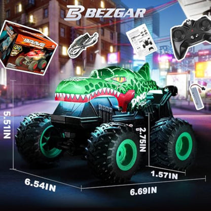 BEZGAR Monster Truck Toys - Remote Control Monster Truck with Light & Music, Dinosaur Toys for Kids, 1:20 Scale RC Truck with 360° Spins and Drifting, Remote Control Car for Boys 4-7 - New