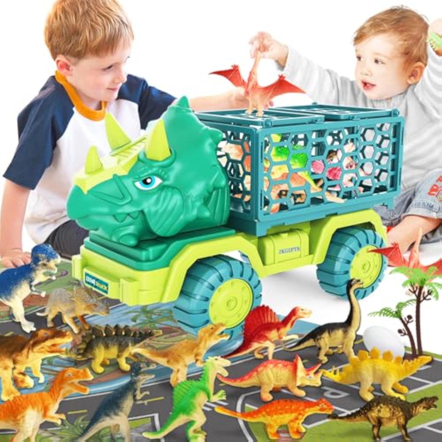 Dinosaur Truck Toys for Kids 3-5, Triceratops Car Toy with 15 Dino Figures,Large Activity Play Mat, Dinosaur Eggs, Dinosaur Play Set for Boys and Girls,Christmas Xmax,Stocking Stuffers - New