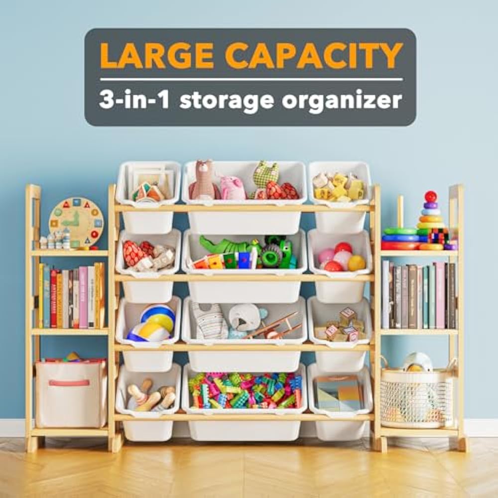SpaceAid Toy Storage Organizer with 6 Shelves and 12 Bins, Bookshelf/Bookcase, Kids Bin Shelf, Toys Box for Playroom Organization for Bedroom & Room Decor, White, 52.3" W - New