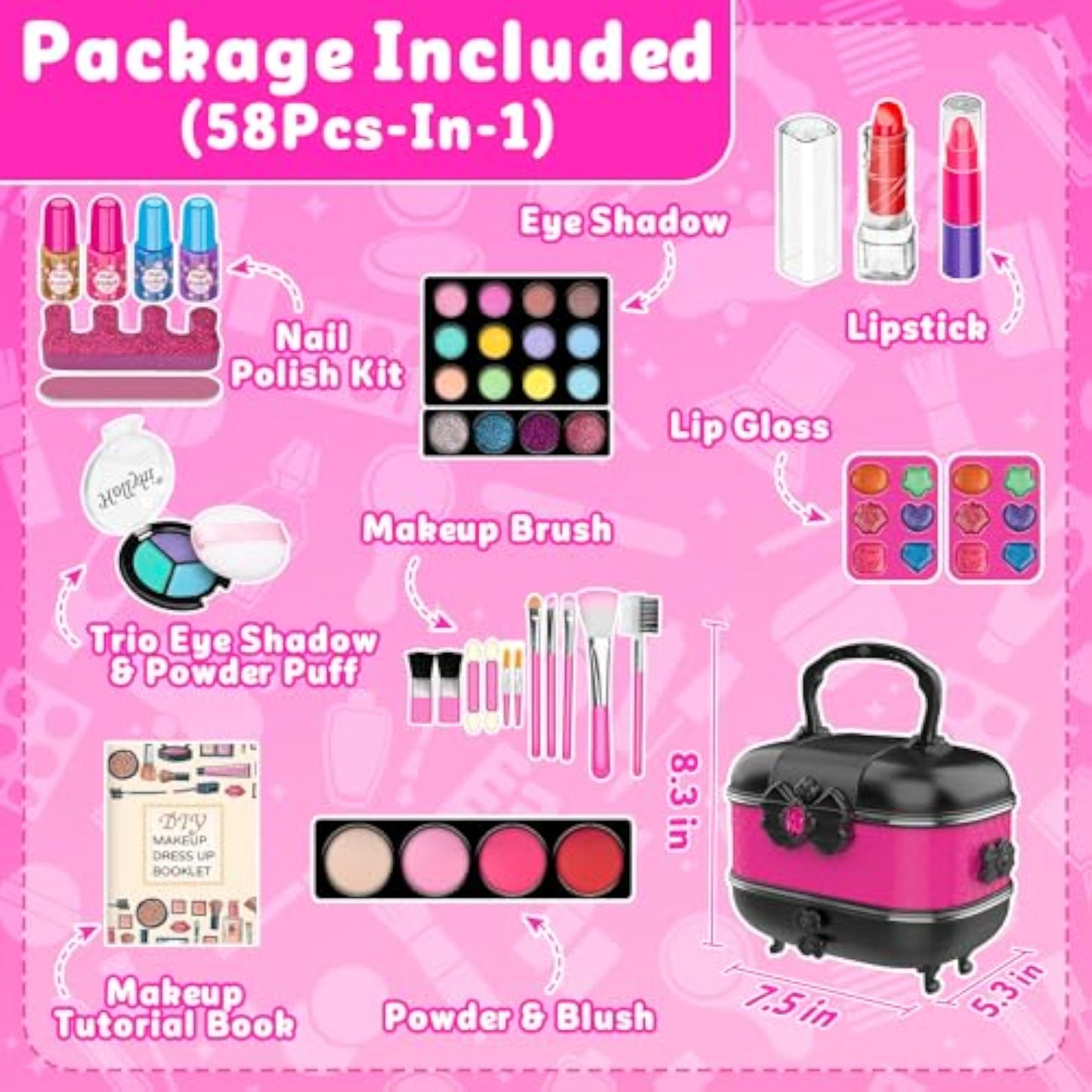 Hollyhi 58 Pcs Kids Makeup Kit for Girl, Princess Toys Real Washable Cosmetic Set with Mirror, Kids Makeup Sets for Girls, Play Make Up Birthday Gifts for 3 4 5 6 7 8 9 10 11 12 Years Old Kid (Rose) - New