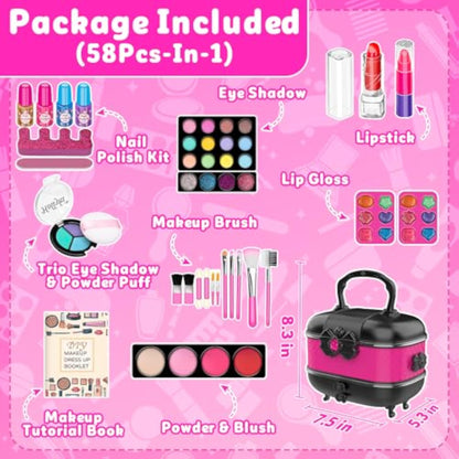 Hollyhi 58 Pcs Kids Makeup Kit for Girl, Princess Toys Real Washable Cosmetic Set with Mirror, Kids Makeup Sets for Girls, Play Make Up Birthday Gifts for 3 4 5 6 7 8 9 10 11 12 Years Old Kid (Rose) - New