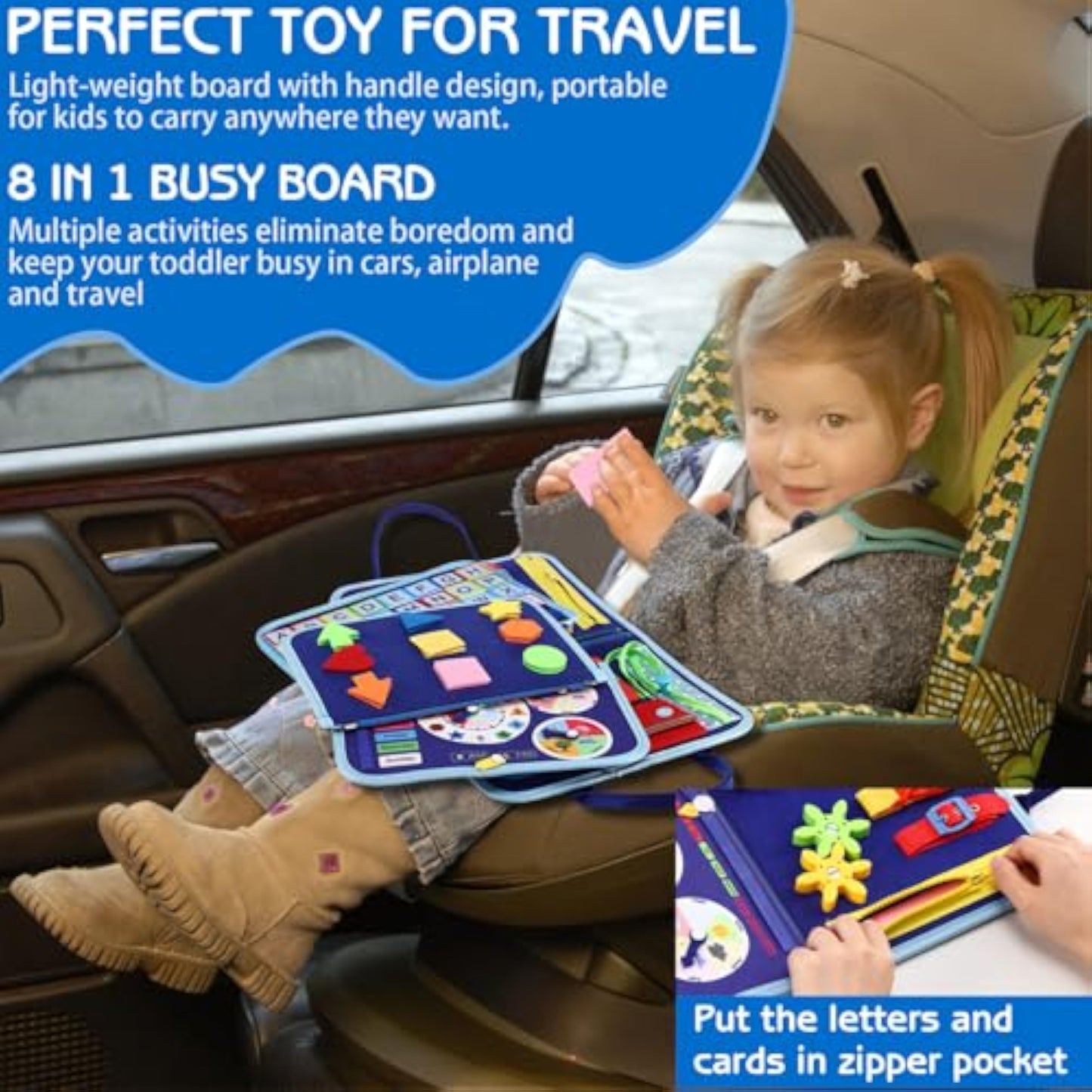Esjay Toddler Busy Board Montessori Toys for Boys, Sensory Book Educational Activities for Learning Fine Motor Skills, Birthday Gifts for Boys Toddlers, Travel Toys for Airplane Car, Blue Dinosaur - New