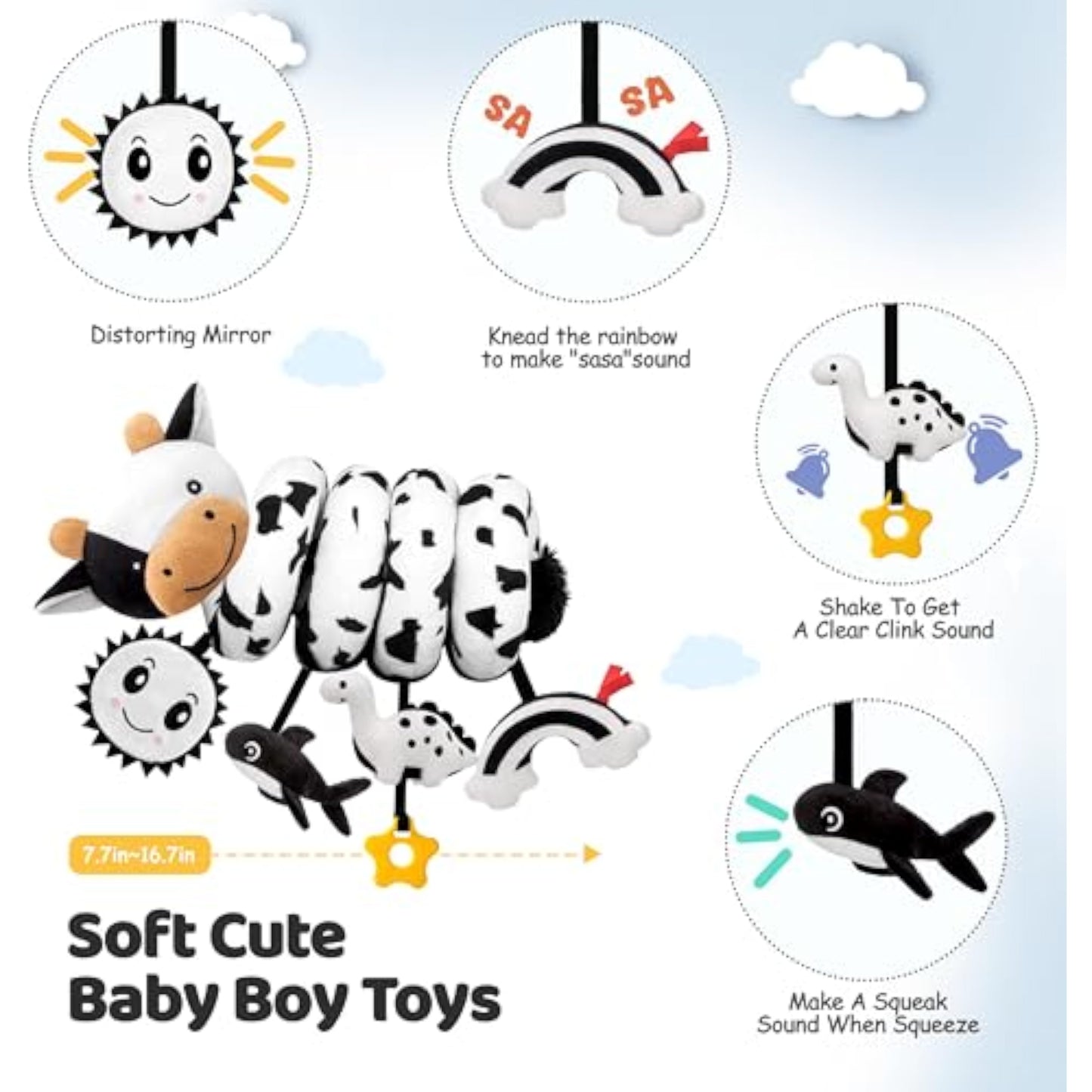 Spiral Car Seat Baby Toys 0-6 Months, Infant Carseat High Contrast Sensory Toys Hanging Stroller Accessories, Newborn Shower Gifts for Baby Boys Essentials Stuff, Cute Black and White Cow - New