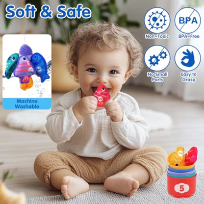 Arovan Montessori Toys for 1 Year Old - Cloth Fishing Game with Stacking Cups Toddler Toys for One Year Old Boy Girl First Birthday Gift - Sorting Learning Baby Toy 12-18 Months 1 2 Year Old - New