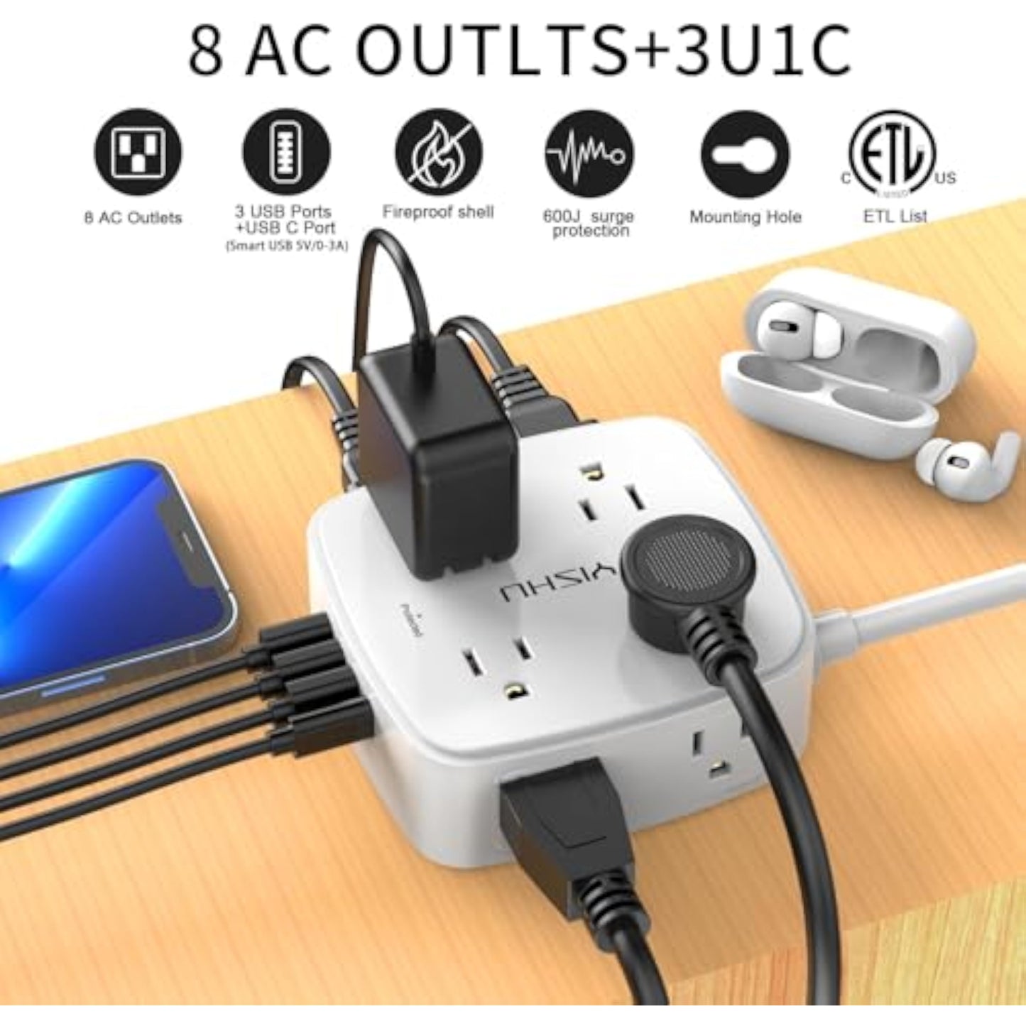 6 Ft Surge Protector Power Strip - 8 Widely Outlets with 4 USB Ports, 3 Side Outlet Extender with 6 Feet Extension Cord, Flat Plug, Wall Mount, Desk USB Charging Station, ETL,White - New