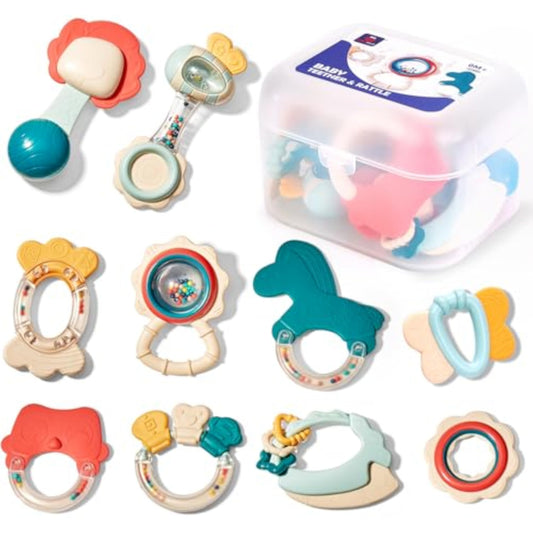 hahaland Baby Toys 0-6 Months - Baby Rattles Teething Toys 3-6 Months, Newborn Infant Toys 6-12 Months, Teether Grasping Shaker Toy Baby Gifts 6 5 4 3 Month Old Must Haves Montessori Rattle for Babies - New