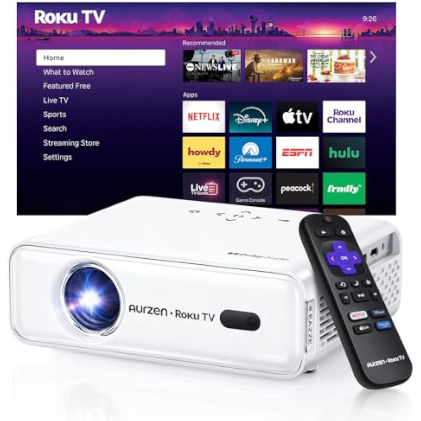 Aurzen Roku TV Smart Projector with Wifi and Bluetooth, Roku Streaming Experience Built-in, 1080P FHD, DoIby Audio, Auto Focus & Keystone, Zoom, Movie Portable Outdoor Mini Projector, White - New