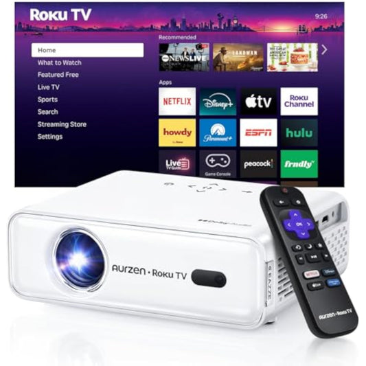 Aurzen Roku TV Smart Projector with Wifi and Bluetooth, Roku Streaming Experience Built-in, 1080P FHD, DoIby Audio, Auto Focus & Keystone, Zoom, Movie Portable Outdoor Mini Projector, White - New