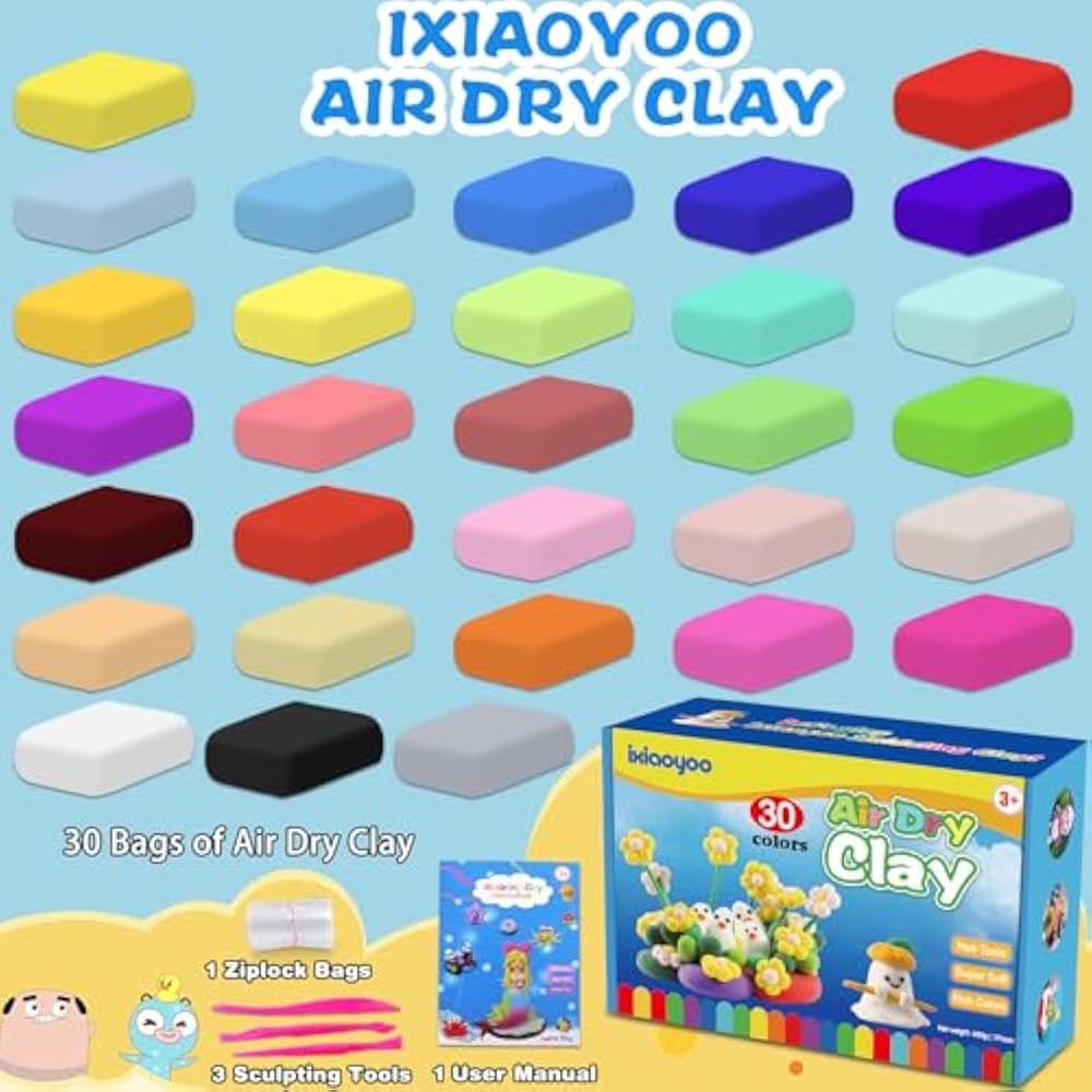 Ixiaoyoo Air Dry Clay, 30 Colors Modeling Clay for Kids, DIY Model Crafts Toys with Sculpting Tools, Soft & Non-Sticky, School Projects & Home Party Favors, Birthday Gifts for Boys and Girls Aged 3–12 - New