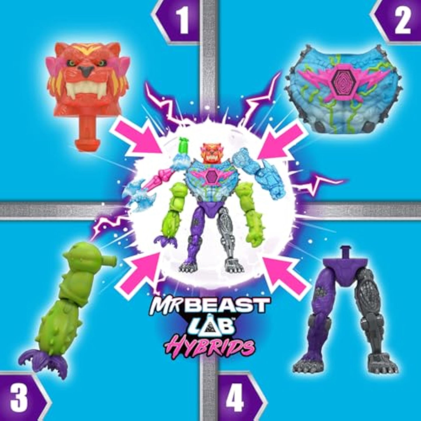 MrBeast Lab Hybrids Mega Pack, Reveal Different Hybrid Parts to Create 5 Mix & Match Action Figures, Including a Mega Torso Panther Experiment to Reveal Hybrid's Real Colors, Collect 30+ Beasts - New