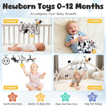 Spiral Car Seat Baby Toys 0-6 Months, Infant Carseat High Contrast Sensory Toys Hanging Stroller Accessories, Newborn Shower Gifts for Baby Boys Essentials Stuff, Cute Black and White Cow - New
