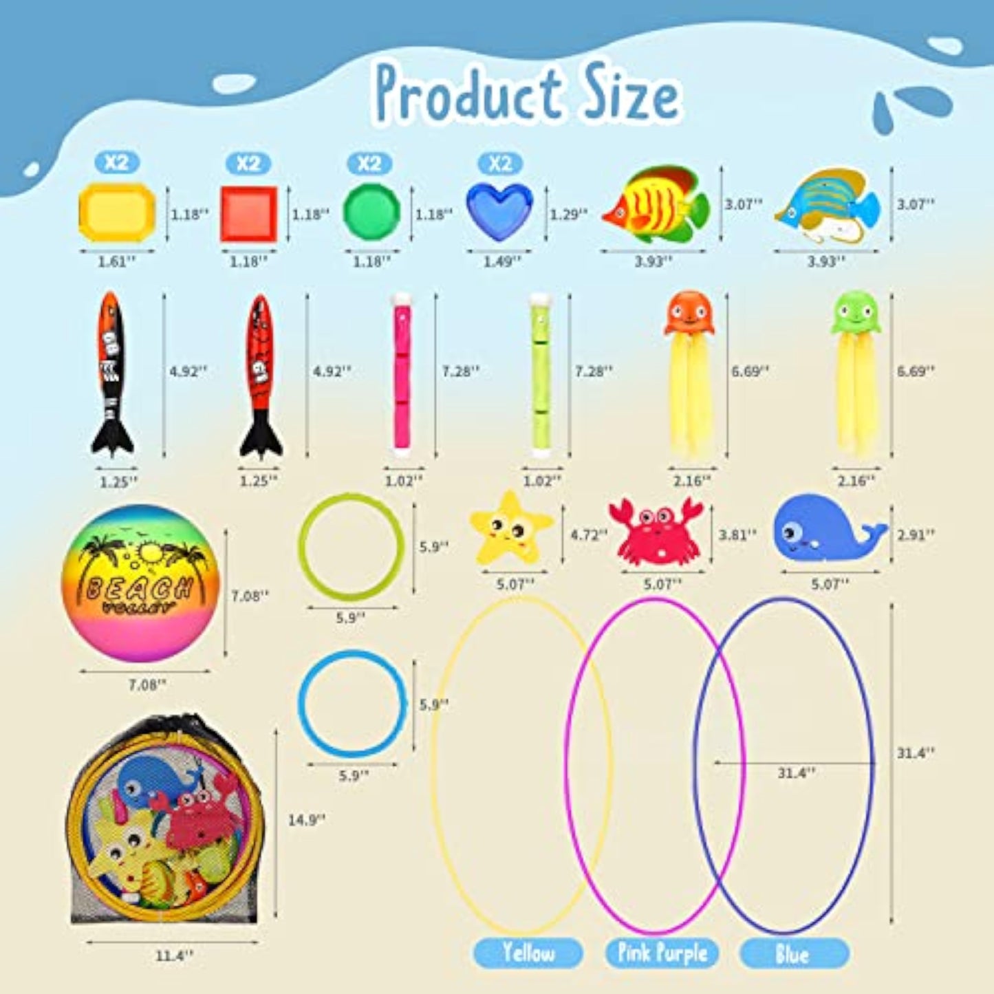 DAUXONE Diving Toys, 27 Pcs Pool Toys with Swim Thru Rings for Kids Age 3-12, Dive Sticks, Rings, Gem, Octopus, Torpedo, Mesh Bag Include - New