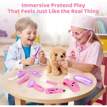 Meland Toy Doctor Kit for Girls, Pretend Play Toy Doctor Set with Dog , Carrying Bag, Stethoscope & Dress Up Costume Gift for Kids Toddlers Ages 3 4 5 6 Year Old for Role Play - New