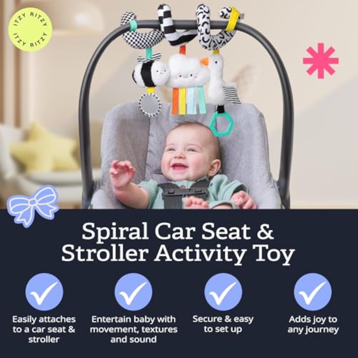 Itzy Ritzy Spiral Car Seat & Stroller Activity Toy - Stroller & Car Seat Toys for Ages 0 Months and Up - Hanging Toys Include Dangling Ring, Mirror and Textured Ribbons (High Contrast) - New