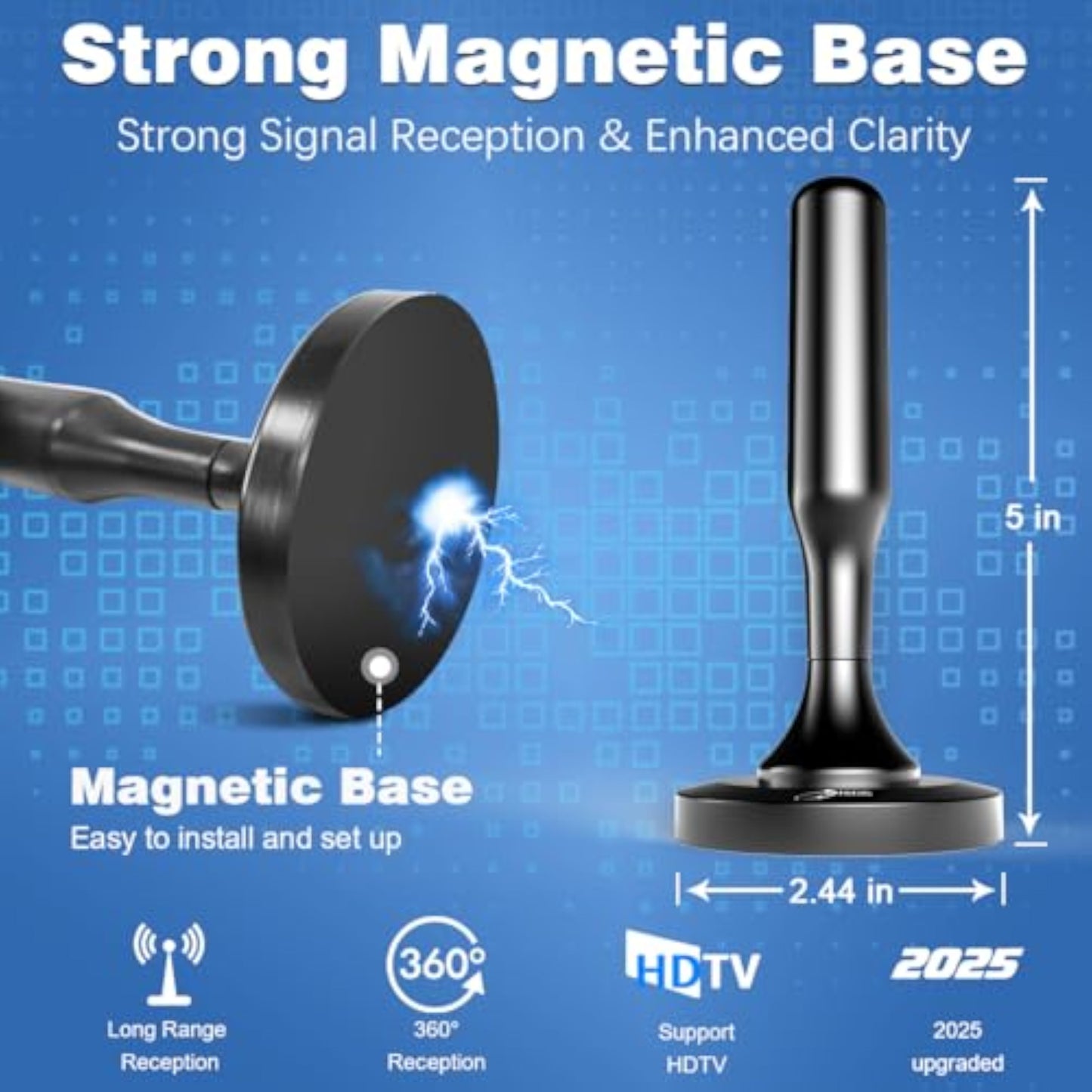 HIDB TV Antenna for Smart TV Indoor, Digital Indoor TV Antenna for Local Channels with Strong Magnetic Base, Easy Installation, Long Range Reception, 4K HD 1080P, 10ft Cables - New