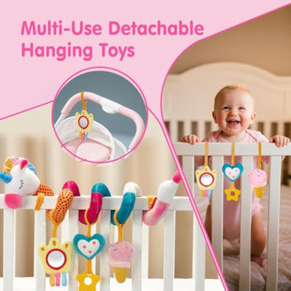 hahaland Car Seat Toys for Babies 0-6 Months Girl - Baby Toys 3-6 Months - Rattle, Mirror, Crinkle, Squeaky Carseat Stroller Toy 0-6 Months Developmental Newborn Baby Girl Birthday Gifts - New