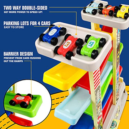 Montessori Toys for 2 3 Year Old Boys Toddlers, Car Ramp Toys with 6 Cars & Race Tracks, Garages and Parking Lots, Ramp Racer Toy Gift for Boys Girls Age 18 Months and Up, Multicolor - New