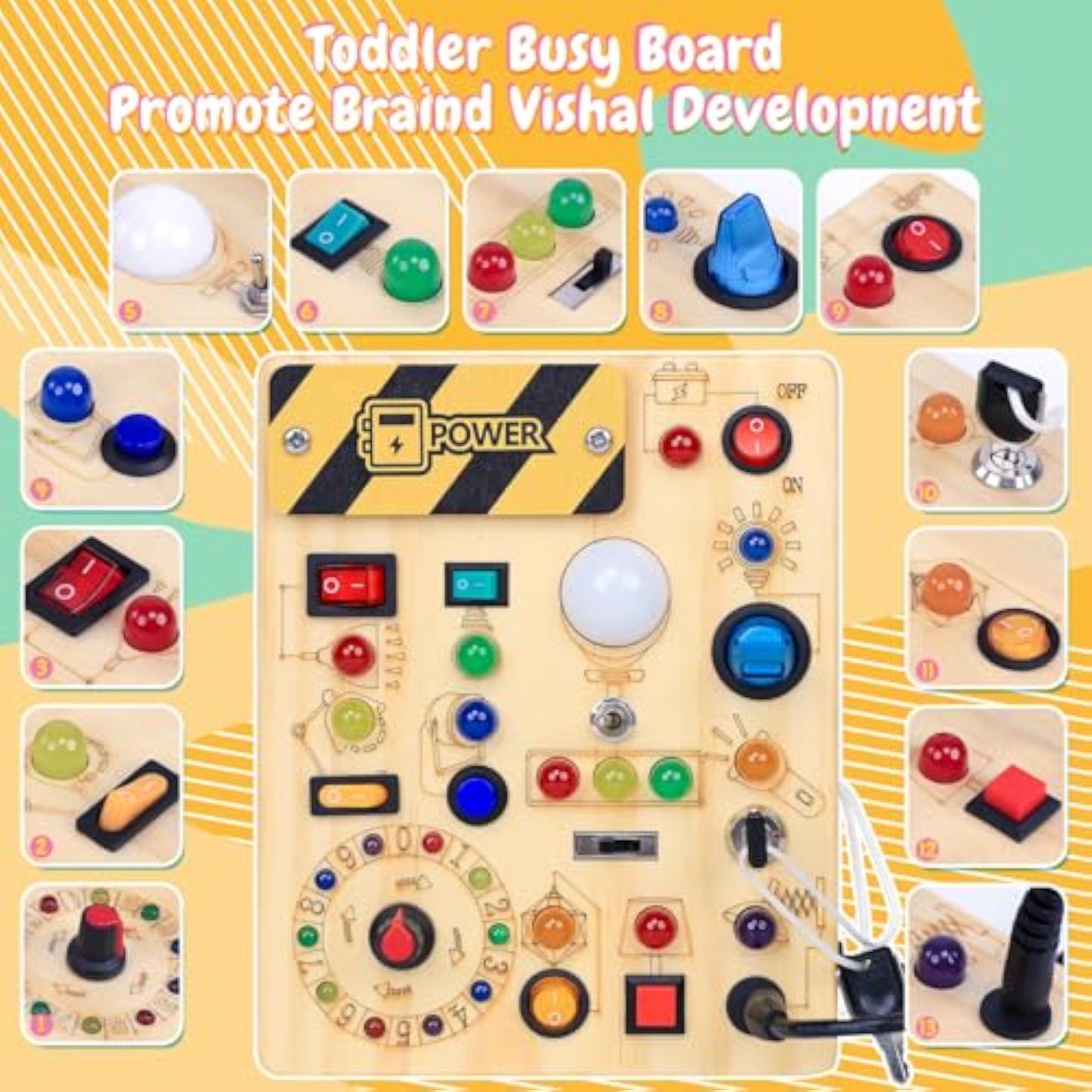 Busy Board with LED Light Switches, Montessori Toys for 1 2 3 Years Old, Toddlers Wooden Toy Sensory Activity Board, Travel Toys for 1+ Year Old Boy & Girl Birthday Gift - New