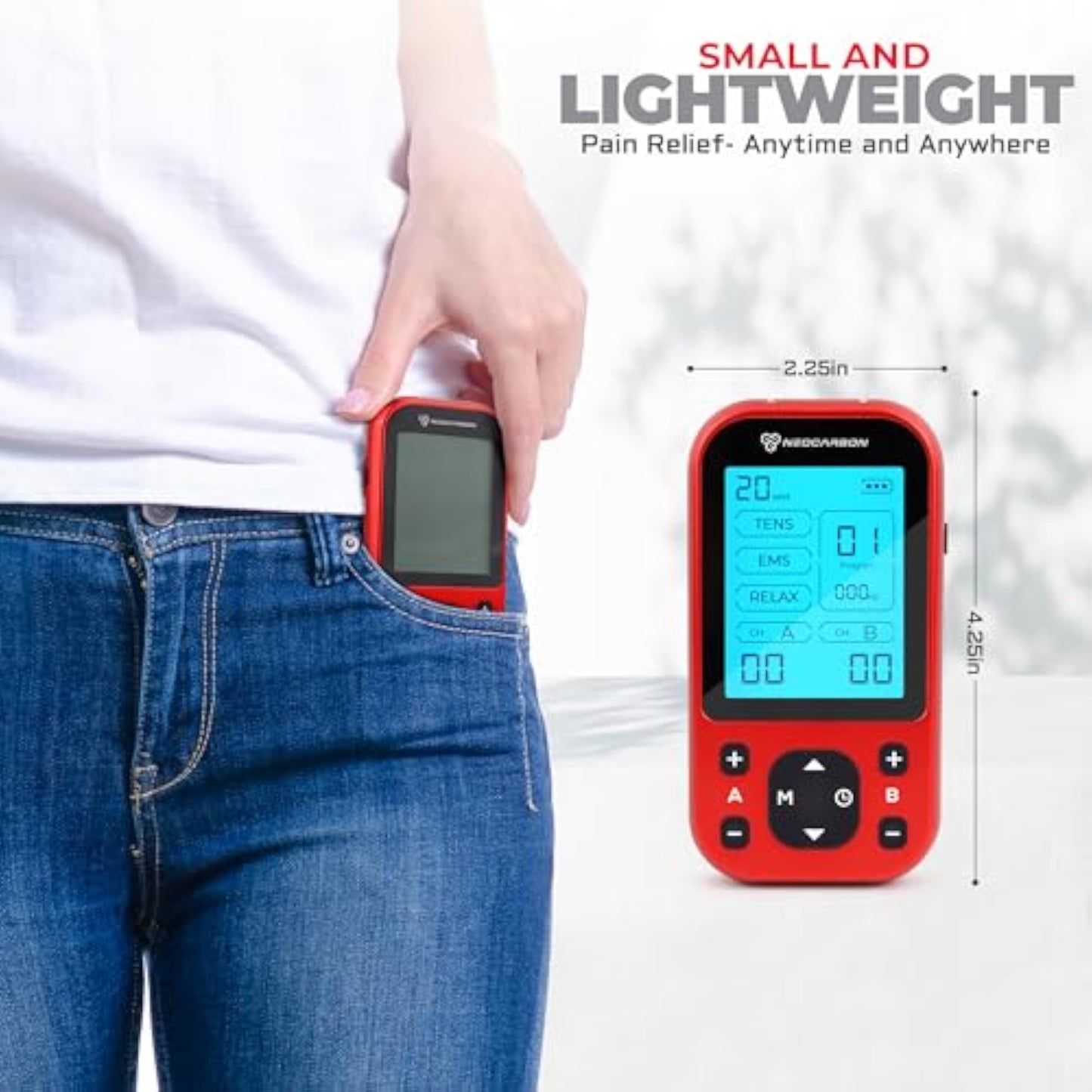NEOCARBON TENS Unit Muscle Stimulator Pro for Back Pain Relief, Shoulder Recovery and Physical Therapy, Electronic Massager Machine with PMS Pulse for Effective Shock Therapy, Red - New