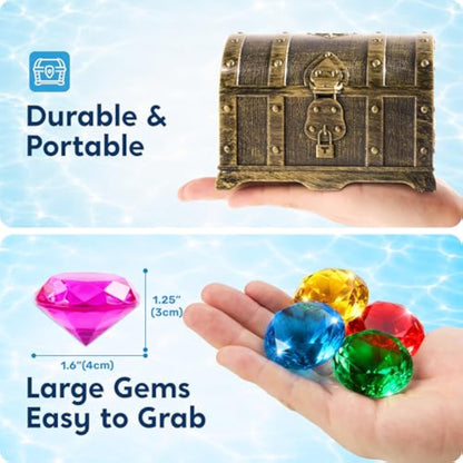 Sloosh Diving Gems Pool Toys, 16 Big Colorful Diamond with Pirate Treasure Chest,Swim Dive Toy for Kids Underwater Gemstone Swimming Training Gift Water Pool Games(Gold) - New