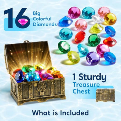Sloosh Diving Gems Pool Toys, 16 Big Colorful Diamond with Pirate Treasure Chest,Swim Dive Toy for Kids Underwater Gemstone Swimming Training Gift Water Pool Games(Gold) - New