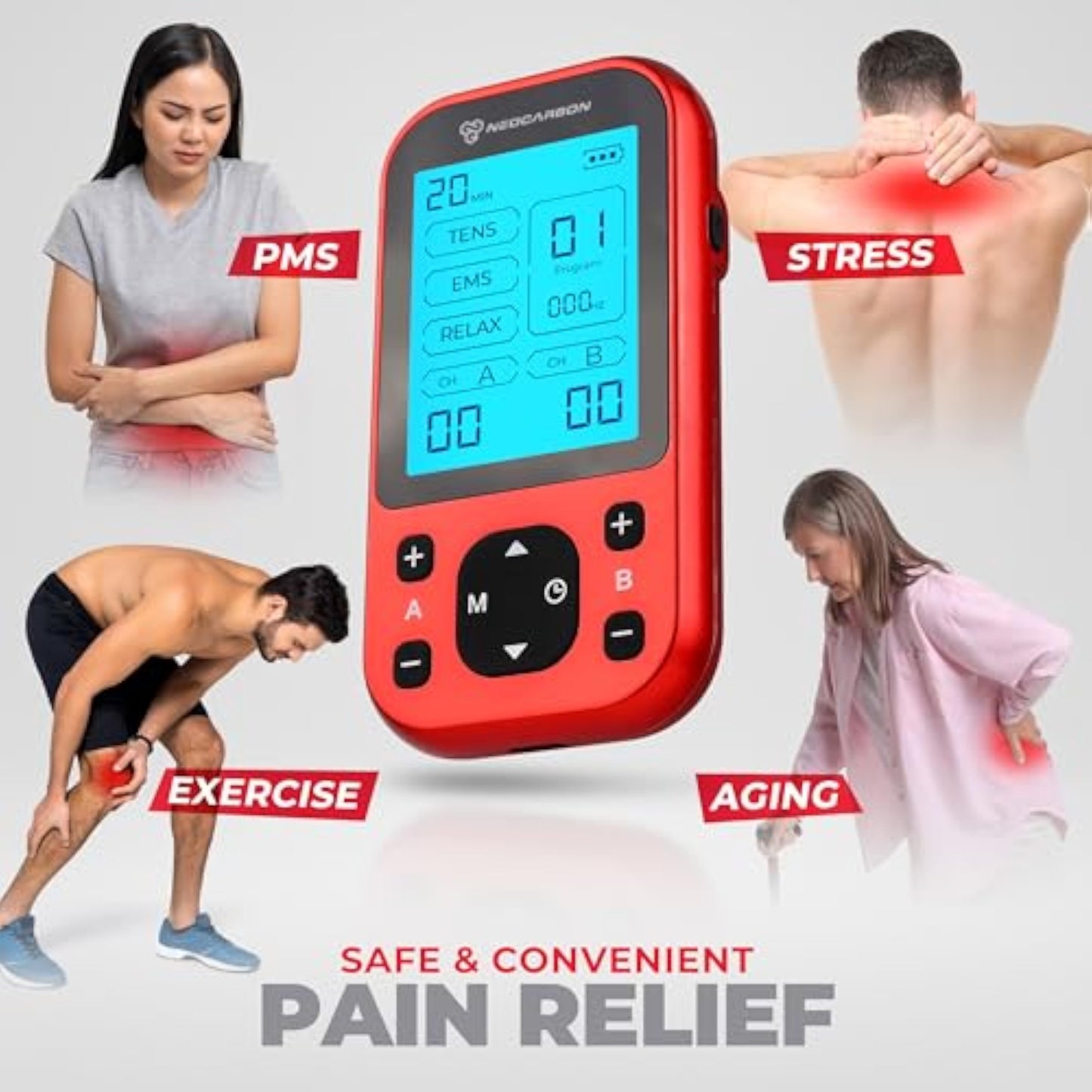 NEOCARBON TENS Unit Muscle Stimulator Pro for Back Pain Relief, Shoulder Recovery and Physical Therapy, Electronic Massager Machine with PMS Pulse for Effective Shock Therapy, Red - New