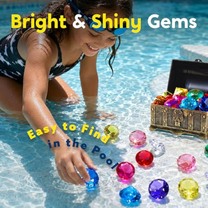 Sloosh Diving Gems Pool Toys, 16 Big Colorful Diamond with Pirate Treasure Chest,Swim Dive Toy for Kids Underwater Gemstone Swimming Training Gift Water Pool Games(Gold) - New