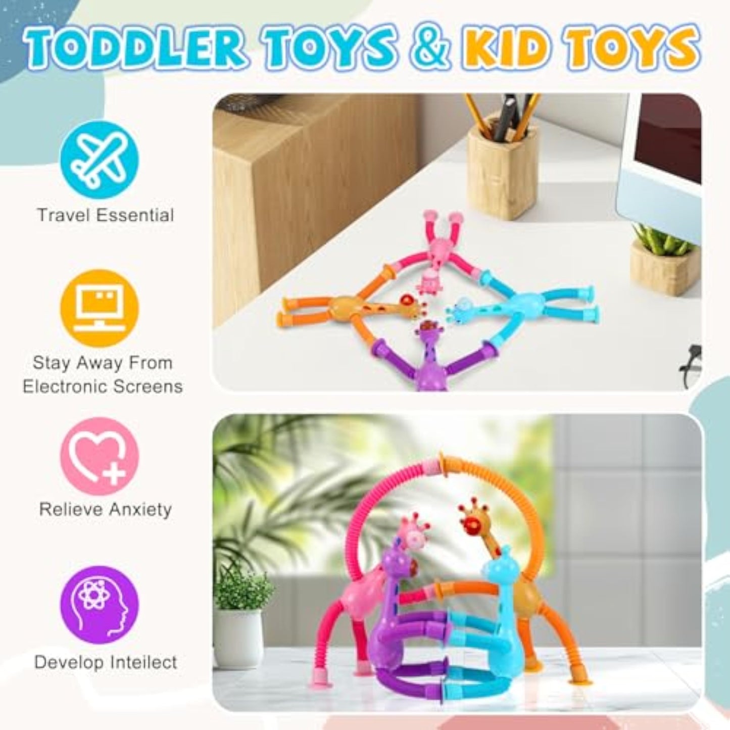 XONTEUS 4 Pcs Pop Tubes Giraffe Travel Airplane Road Trip Car Activities Essential ,Telescopic Suction Cup Sensory Fidget Toys,Screen-Free Activity for Boy & Girl , Stocking Stuffers for Kids - New