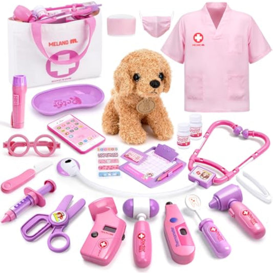 Meland Toy Doctor Kit for Girls, Pretend Play Toy Doctor Set with Dog , Carrying Bag, Stethoscope & Dress Up Costume Gift for Kids Toddlers Ages 3 4 5 6 Year Old for Role Play - New