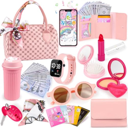 Oisacirg Play Purse for Little Girls, 32PCS Toddler Purse with Pretend Makeup for Kids, Princess Toys Includes Handbag, Phone, Wristwatch, Silk Scarf Kids Toy Purse Birthday Gift for Girls 3 4 5 6 + - New