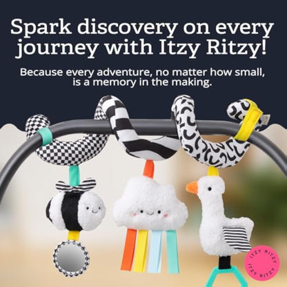 Itzy Ritzy Spiral Car Seat & Stroller Activity Toy - Stroller & Car Seat Toys for Ages 0 Months and Up - Hanging Toys Include Dangling Ring, Mirror and Textured Ribbons (High Contrast) - New